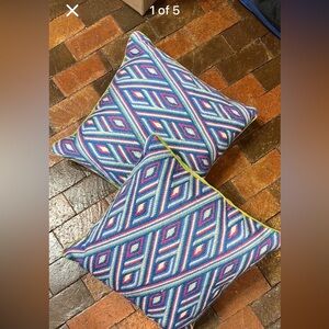 Pair of vintage blue & green & pink throw pillows with feather inserts 20” x 20”